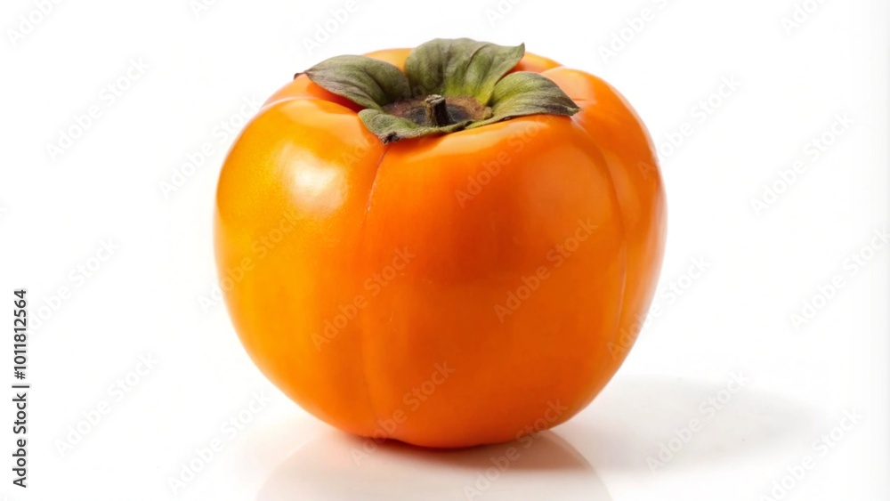 A ripe orange persimmon with green leaves on top, isolated on a white background.