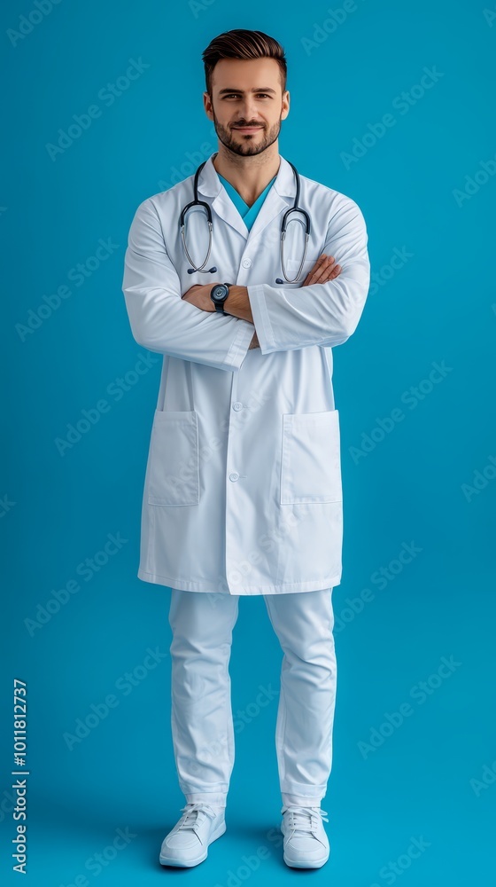 A smiling doctor in a white uniform stands confidently against a blue background, showcasing professionalism in a healthcare environment A smiling doctor in a white uniform stands confidently against a blue background, showcasing professionalism in a healthcare environment