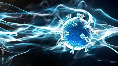 A stylized representation of a virus, featuring a spherical shape with spike-like projections, set against dynamic, flowing backgrounds. photo