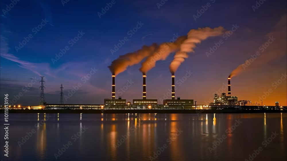 A power plant at dusk, with smoke rising from the chimneys and reflections on the water, creating a colorful sky. A power plant at dusk, with smoke rising from the chimneys and reflections on the water, creating a colorful sky.