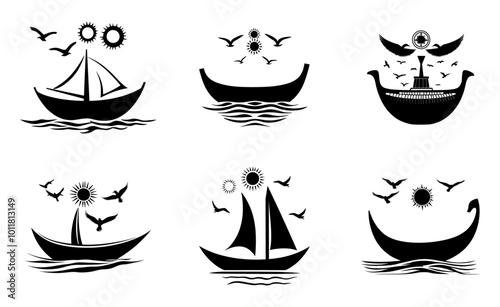 Wooden boat with sail stencil icon, vector illustration on white background.
