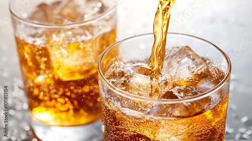 Golden fizzy soda being poured into a glass with ice cubes