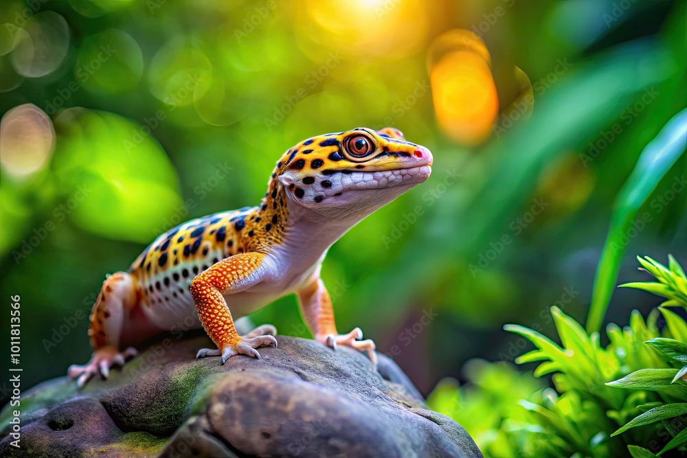 Naklejka premium Adorable Leopard Gecko on a Smooth Rock Surrounded by Lush Greenery in a Natural Habitat Setting