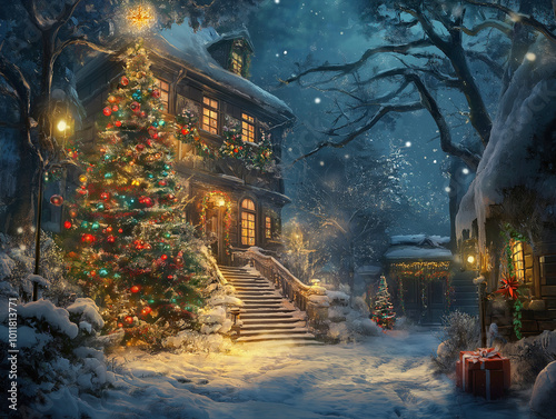 Magical Christmas House with a Brightly Lit Christmas Tree in the Snow