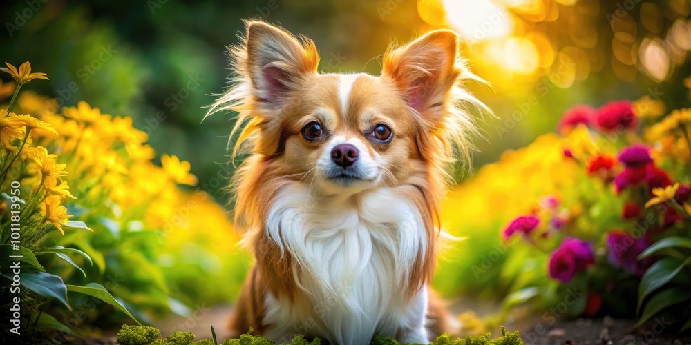 Adorable Long-Haired Chihuahua Posing Elegantly in a Natural Outdoor Setting with Vibrant Background Adorable Long-Haired Chihuahua Posing Elegantly in a Natural Outdoor Setting with Vibrant Background