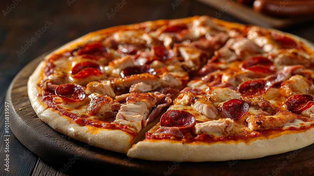 A delicious pizza on a wooden board with a crispy crust, topped with chicken fillet, pepperoni, and other meats. The pizza looks tasty with melted cheese and tomato sauce A delicious pizza on a wooden board with a crispy crust, topped with chicken fillet, pepperoni, and other meats. The pizza looks tasty with melted cheese and tomato sauce