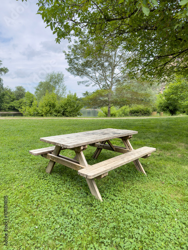  empty wooden picnic table on grass in park in spring