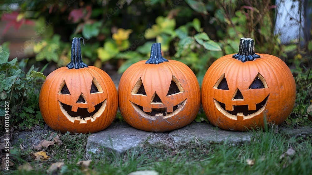 Carved Jack-o-Lantern Pumpkins Displayed in a Spooky Garden, Perfect for Halloween Decor Carved Jack-o-Lantern Pumpkins Displayed in a Spooky Garden, Perfect for Halloween Decor