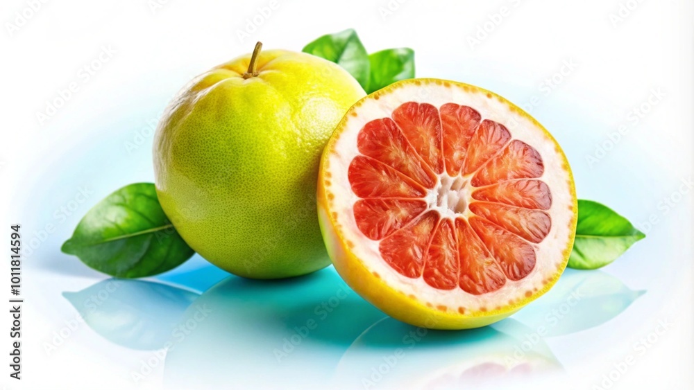 A whole grapefruit and half a grapefruit with green leaves on a blue background. A whole grapefruit and half a grapefruit with green leaves on a blue background.