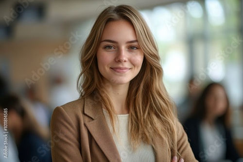 happy female business teacher and professional coach. Beautiful young woman in jacket standing in office after corporate training class for team of employees, looking at camera, Generative AI