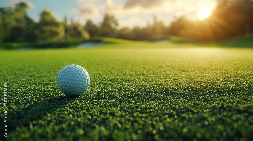 Golf ball on green fairway with sunset background. Golf ball on green fairway with sunset background.