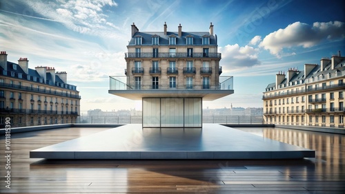 Minimalist of a Haussmann style building on a levitating platform, architecture, building, Haussmann, minimalist,design photo