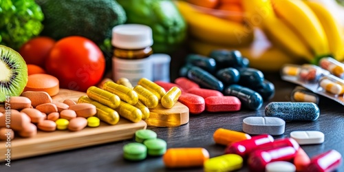 Dietary Supplements: Depict a close-up of various dietary supplements on a kitchen counter, highlighting their role in supporting health and wellness.