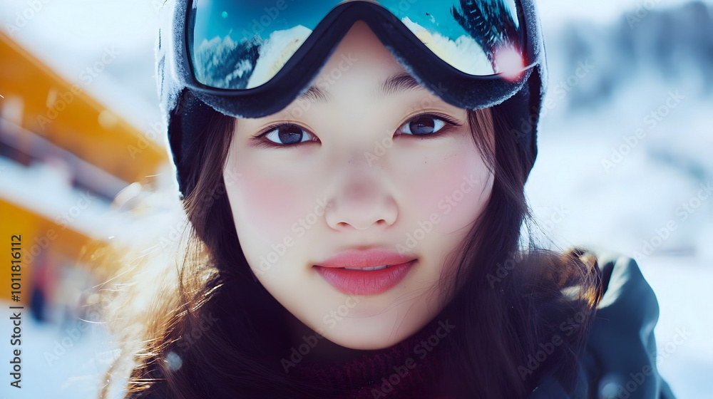 Snowy Portrait Young Woman Smiling Ski Goggles Winter Adventure