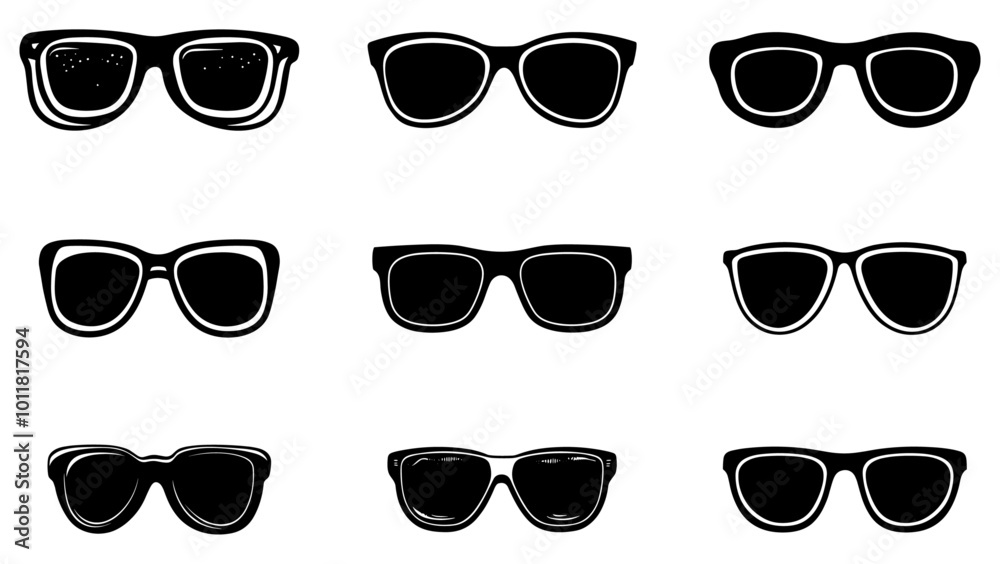 Big set of fashionable black sunglasses on white background. Black glasses isolated with shadow for your design. Vector illustration.
Big set of fashionable black sunglasses on white background. Black glasses isolated with shadow for your design. Vector illustration.