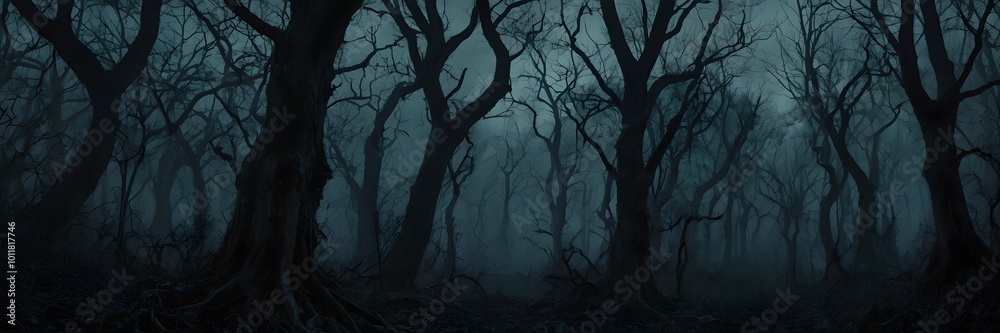 Obraz premium Moonlit Forest, Bare Trees Cast Shadows in the Foggy Night, Creating a Haunting Atmosphere under the Full Moon.