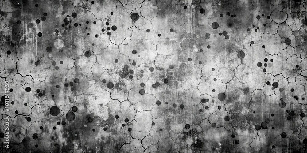 Fototapeta premium A weathered concrete wall with a network of cracks and scattered black circular stains, creating a textured and distressed background.