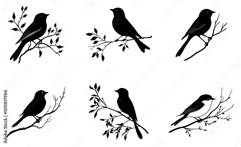 Fototapeta premium Silhouette of a robin bird perched on a branch, captured in a black vector art illustration. 