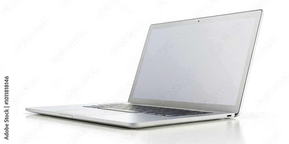 A sleek silver laptop with a blank screen, positioned on a white background, ready for your design or message. A sleek silver laptop with a blank screen, positioned on a white background, ready for your design or message.