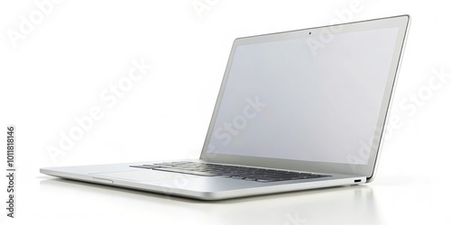 A sleek silver laptop with a blank screen, positioned on a white background, ready for your design or message.