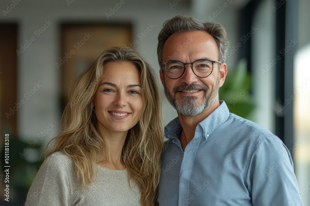 Male and female business couple posing smiling at their business office looking at the camera, Generative AI Male and female business couple posing smiling at their business office looking at the camera, Generative AI