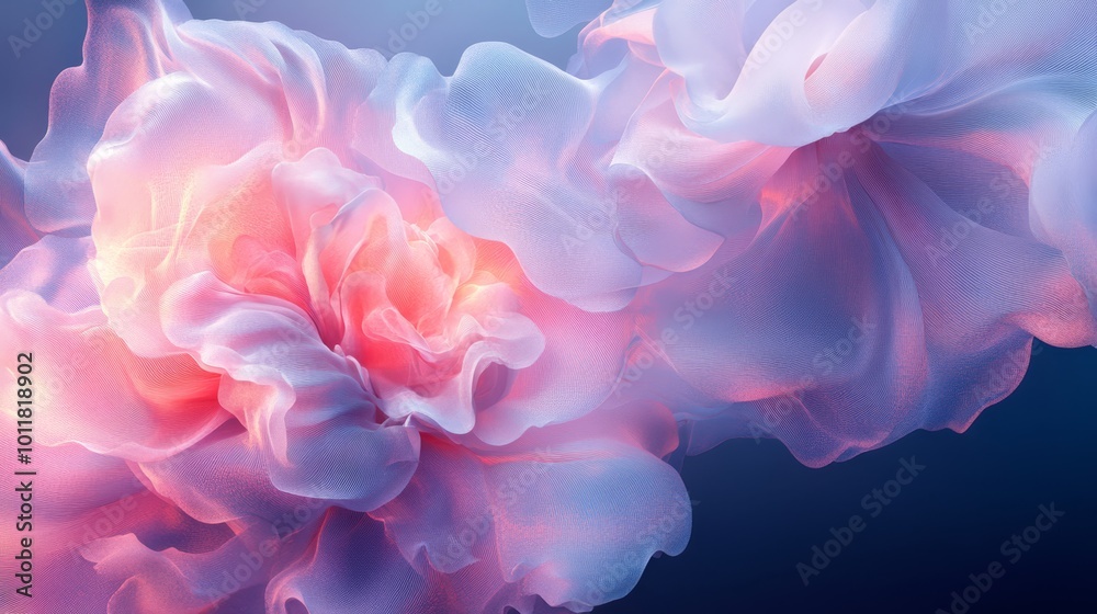 Fototapeta premium Abstract close-up of fluorescent peonies with capillary effect and gradient on dark blue background at twilight