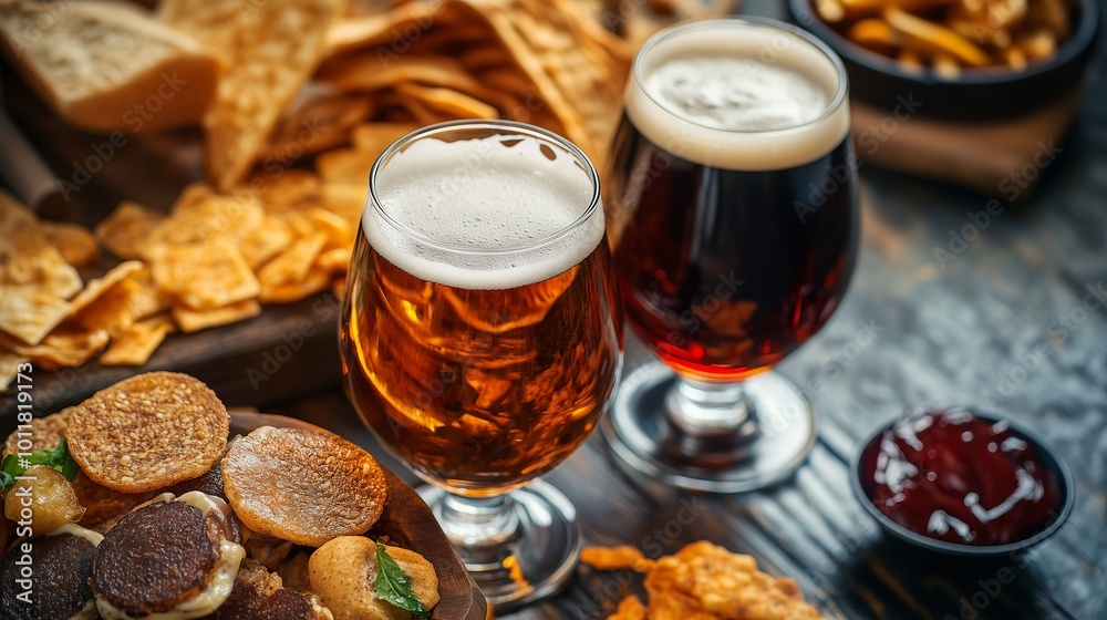 Pints of Beer with Crackers and Snacks in a Cozy Pub Pints of Beer with Crackers and Snacks in a Cozy Pub