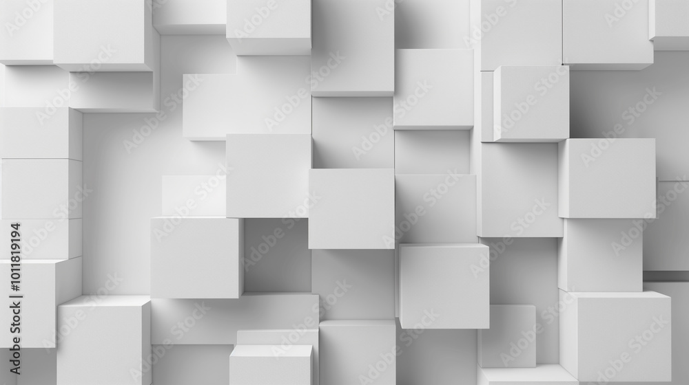 Abstract arrangement of white cube blocks scattered on a white background, creating a minimalist 3D geometric pattern with ample space for text. Abstract arrangement of white cube blocks scattered on a white background, creating a minimalist 3D geometric pattern with ample space for text.