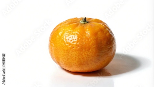 A single ripe orange mandarin with a slight indent in the top, sitting on a white surface, with a shadow underneath.