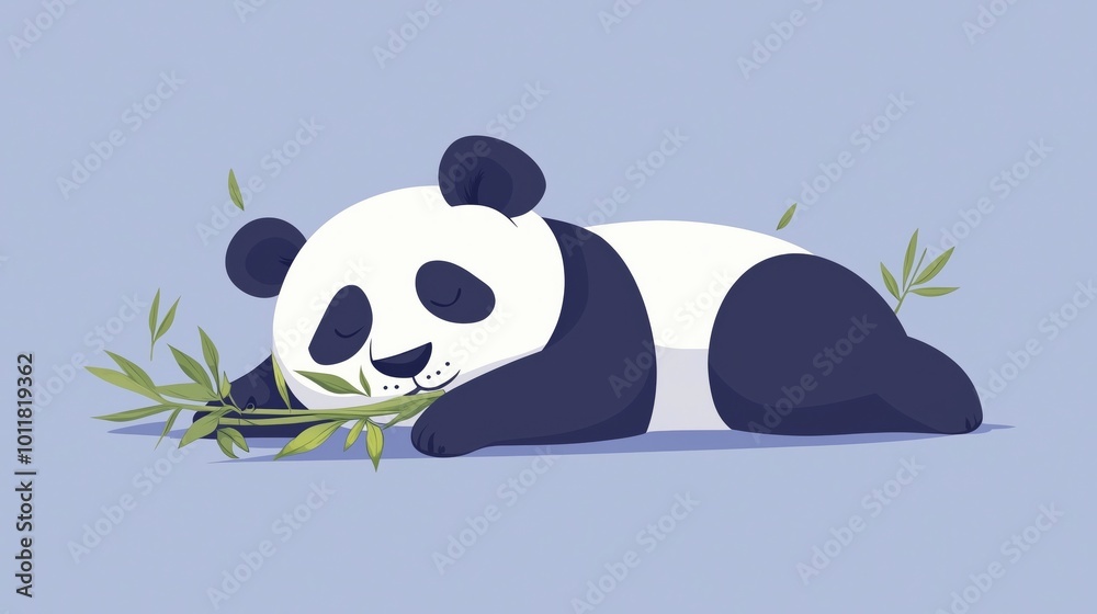 Naklejka premium Cartoon Panda Enjoying Bamboo