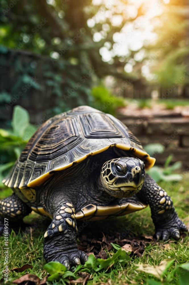 Turtle in Costume Crawling Through Lush Greenery Turtle in Costume Crawling Through Lush Greenery