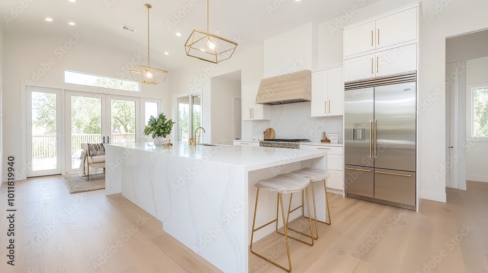 Luxurious contemporary kitchen with marble island, gold accents, and high-end appliances, Taken by Nikon Z7 35mm lens Luxurious contemporary kitchen with marble island, gold accents, and high-end appliances, Taken by Nikon Z7 35mm lens