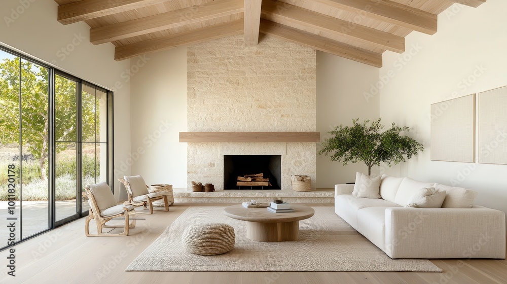 Rustic farmhouse living room with exposed wooden beams, a stone ...