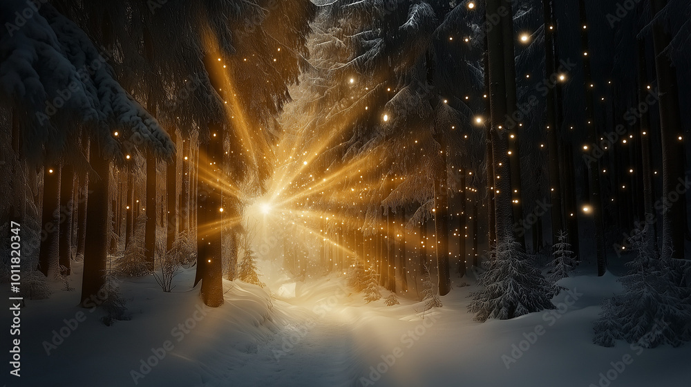 Mysterious light beams shining through snow-covered trees, illuminating a hidden path in a winter wonderland forest