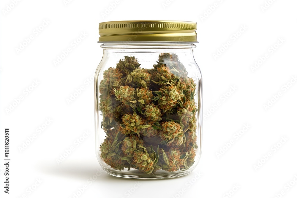 White backdrop with jar of cannabis buds. Generative Ai White backdrop with jar of cannabis buds. Generative Ai