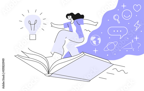 Woman standing on large flying open book. Like riding. Flat vector illustration.