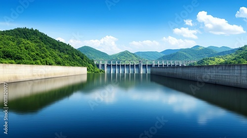 Exterior view of a hydroelectric power plant, large turbines in focus, pristine water reflection, lush hills in the background, soft natural lighting photo