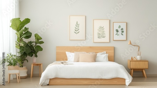 Mid-century modern bedroom with a sleek wooden bed, geometric patterns, and bold accent colors, Taken by Nikon Z7 35mm lens