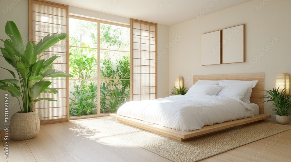Zen-inspired bedroom with a low platform bed, bamboo accents, and a neutral color palette, Taken by Nikon Z7 35mm lens Zen-inspired bedroom with a low platform bed, bamboo accents, and a neutral color palette, Taken by Nikon Z7 35mm lens