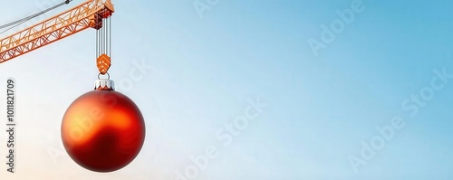 A large orange construction ball suspended from a crane, set against a clear blue sky, highlighting a unique blend of industry and art. photo