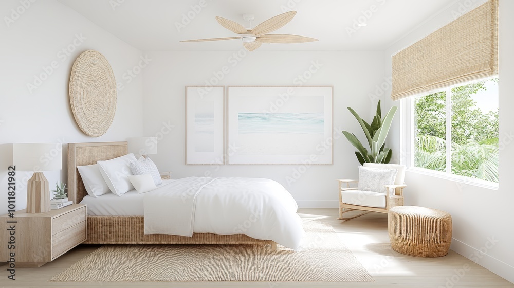 Coastal-style bedroom with light blue tones, wicker furniture, and ocean-inspired decor, Taken by Nikon Z7 35mm lens Coastal-style bedroom with light blue tones, wicker furniture, and ocean-inspired decor, Taken by Nikon Z7 35mm lens