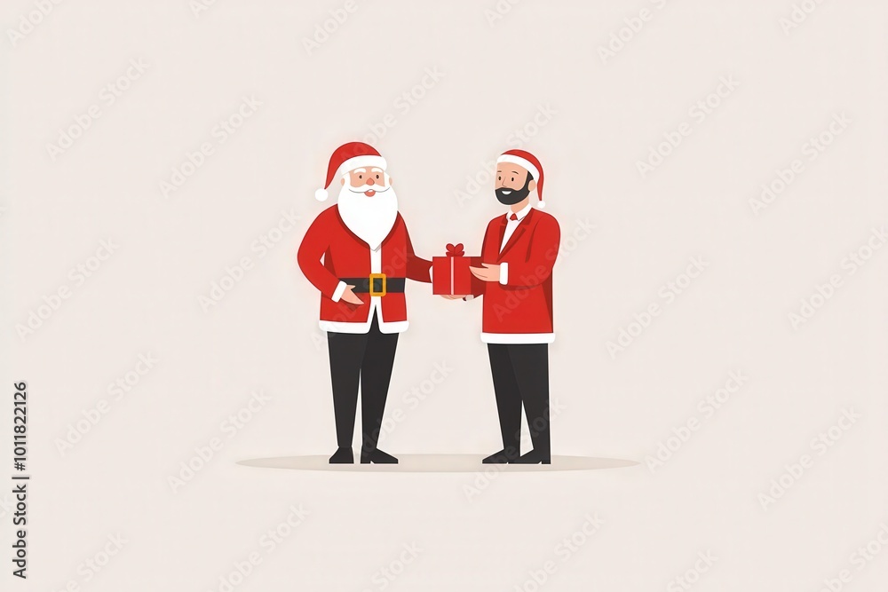 Two cheerful Santa characters exchange a beautifully wrapped gift, embodying the spirit of giving and holiday joy. Two cheerful Santa characters exchange a beautifully wrapped gift, embodying the spirit of giving and holiday joy.