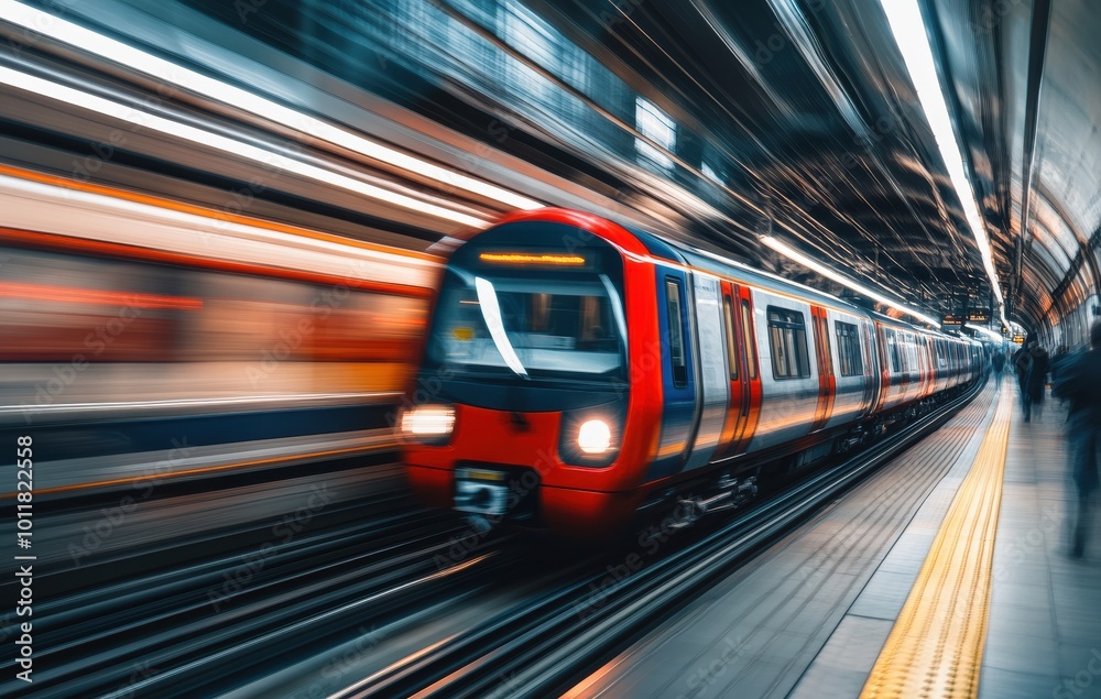 Naklejka premium A fast-moving subway train captured with a long exposure, creating dynamic light trails and a sense of speed. The image emphasizes urban motion and modern transportation.