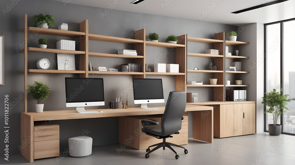 Modern office interior with open space and wooden shelves. 3D Rendering Modern office interior with open space and wooden shelves. 3D Rendering