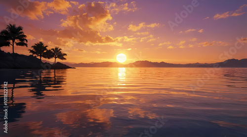 Vibrant Anime-Inspired Sunset with Silhouetted Palm Trees and Golden Waves
