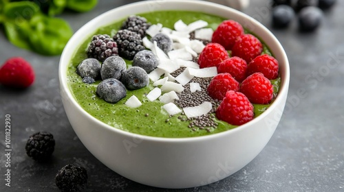 A detox smoothie bowl with green superfoods like kale and spirulina, topped with fresh berries and coconut shavings