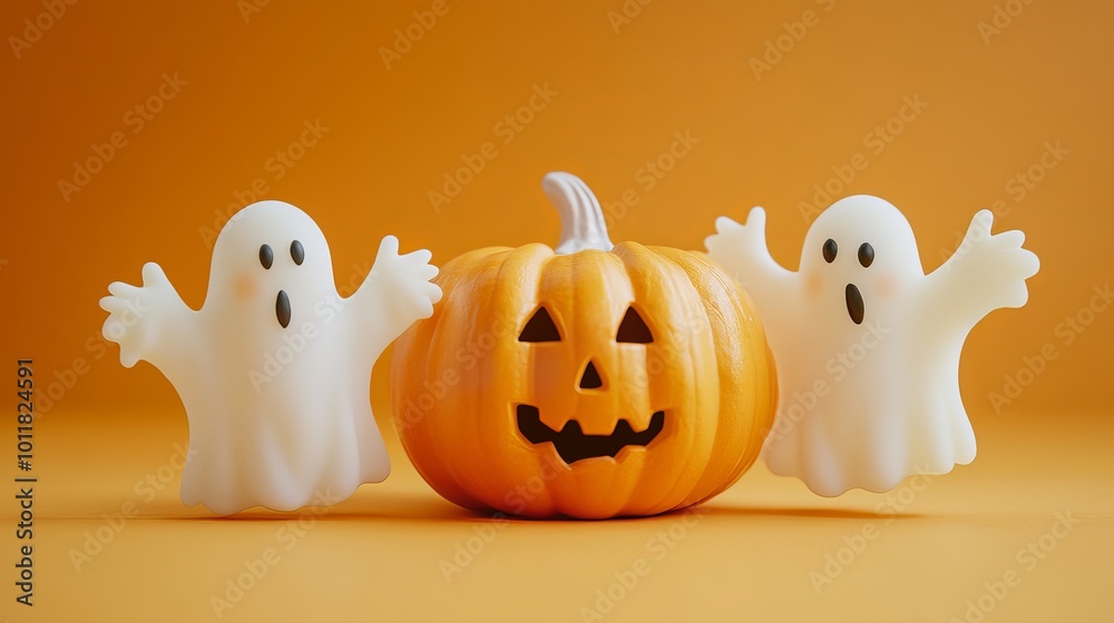 Fun Halloween Ghosts and a Cheerful Pumpkin Against a Bright Orange Backdrop Fun Halloween Ghosts and a Cheerful Pumpkin Against a Bright Orange Backdrop