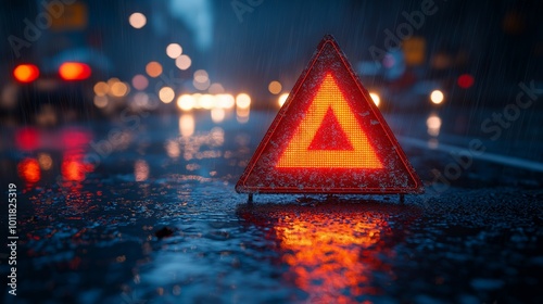 Bright Red Warning Triangle in the Rain on Wet Road at Night, Reflecting Lights of Passing Cars, Signaling a Vehicle Emergency