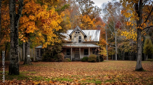 A charming old farmhouse surrounded by trees in full autumn colors and a field covered in fallen leaves