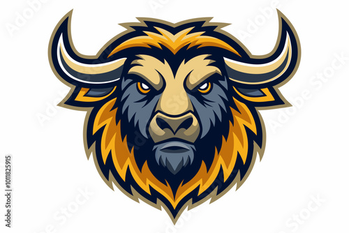 Detailed illustration of a buffalo or yak head in a bold and stylized vector style. The buffalo has large, curved horns, thick fur, and a serious expression, yak head logo vector illustration